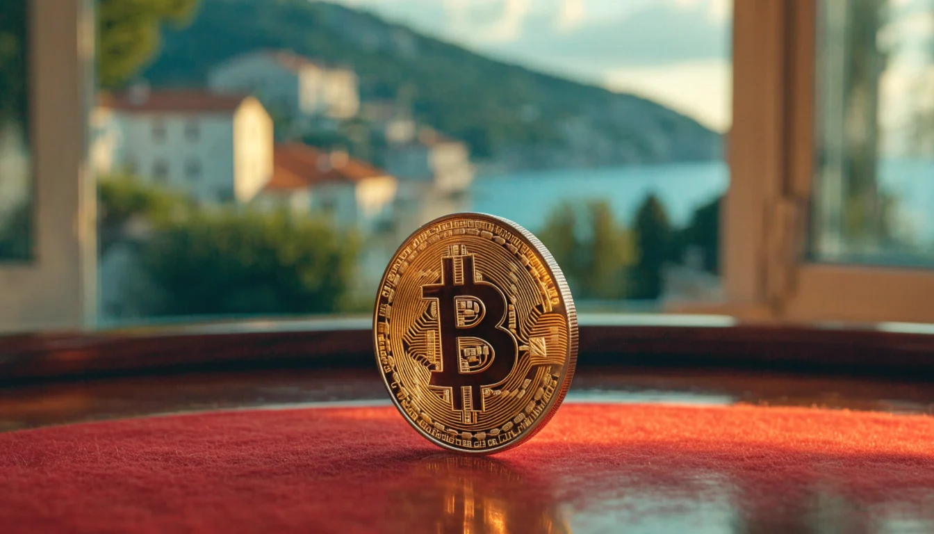 Zlatni Bitcoin na stolu ruleta s pogledom na hrvatsku obalu