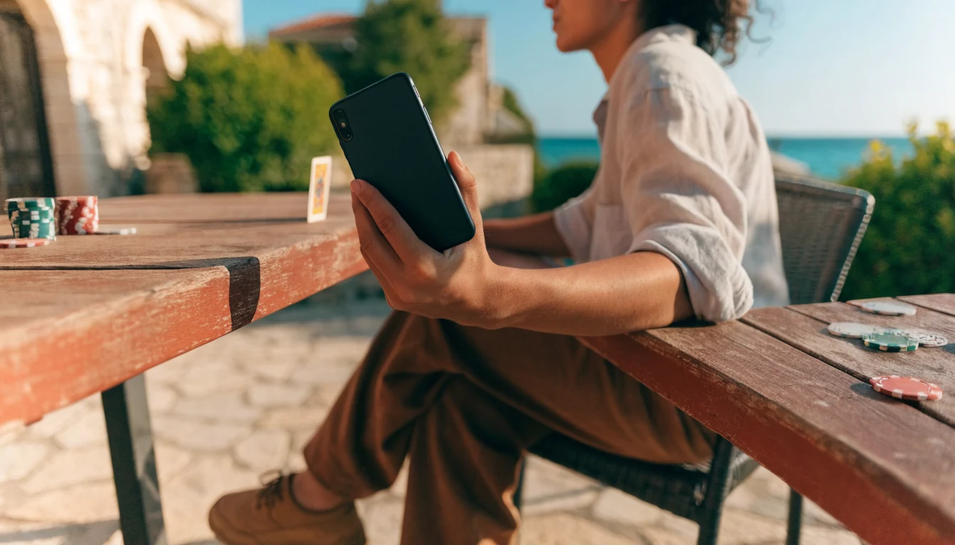 Osoba na terasi kafića u Hrvatskoj drži Android telefon uz žetone za kazino.