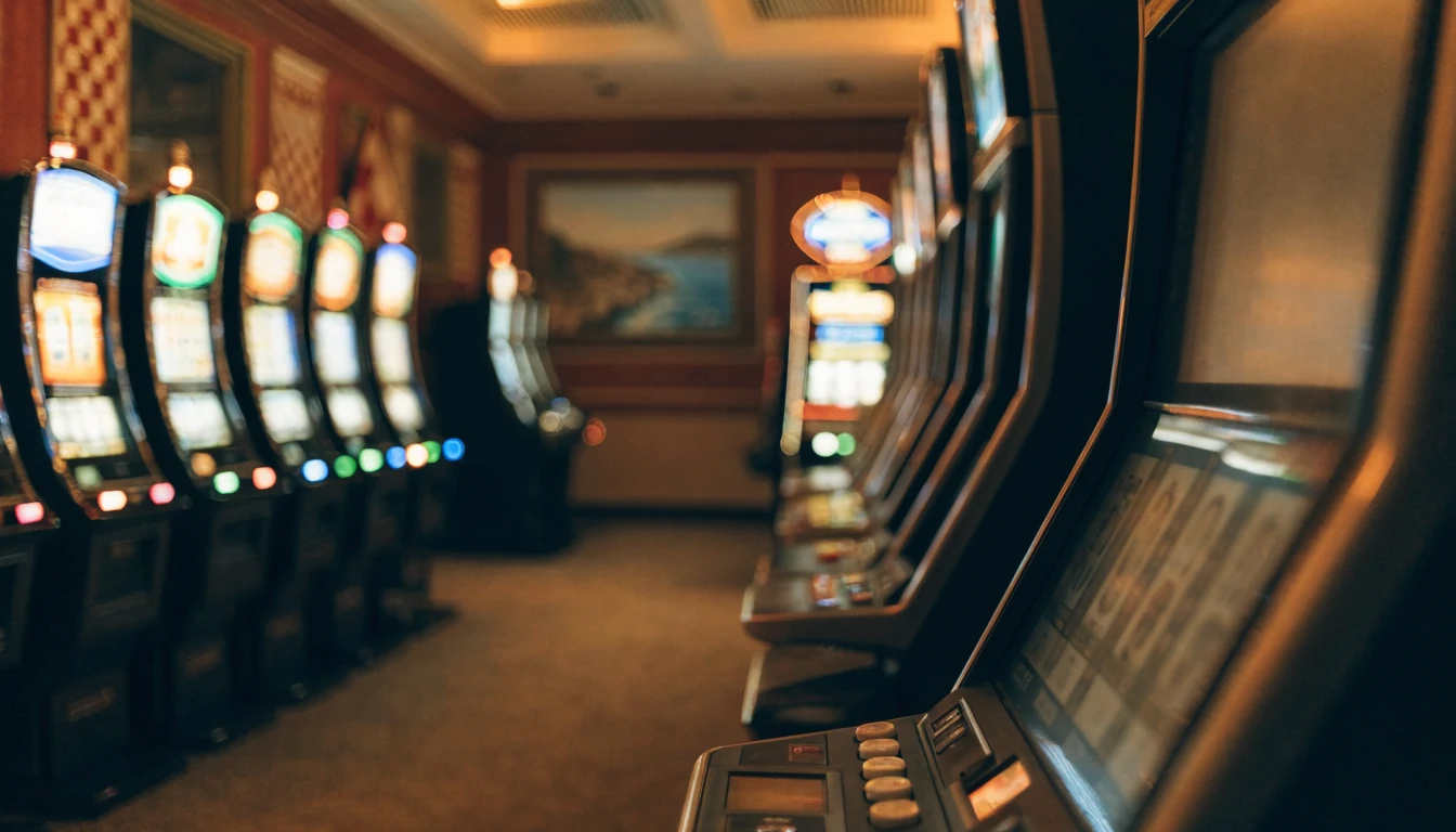 Unutrašnjost hrvatskog casina sa slot aparatima u zlatnom svjetlu