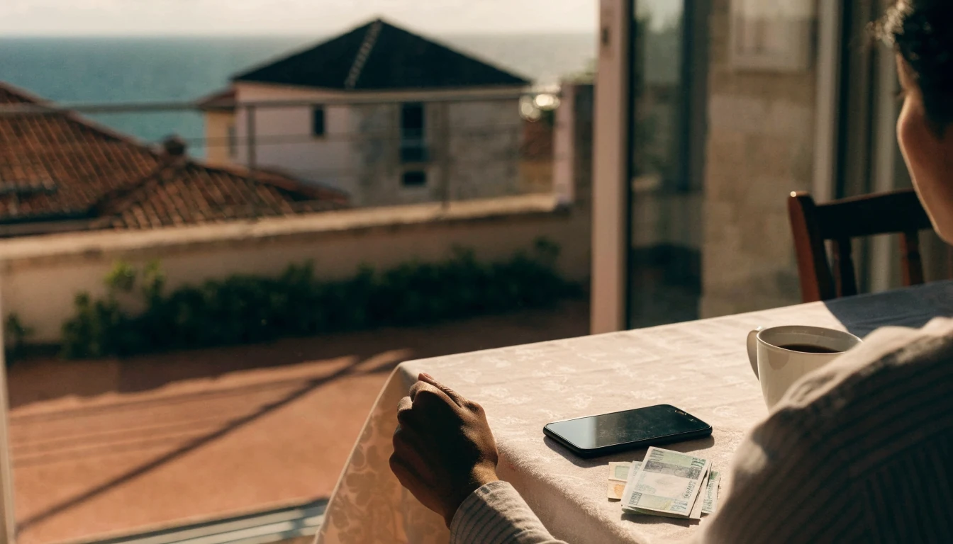 Osoba uz smartphone i kavu na balkonu s pogledom na hrvatski obalni grad