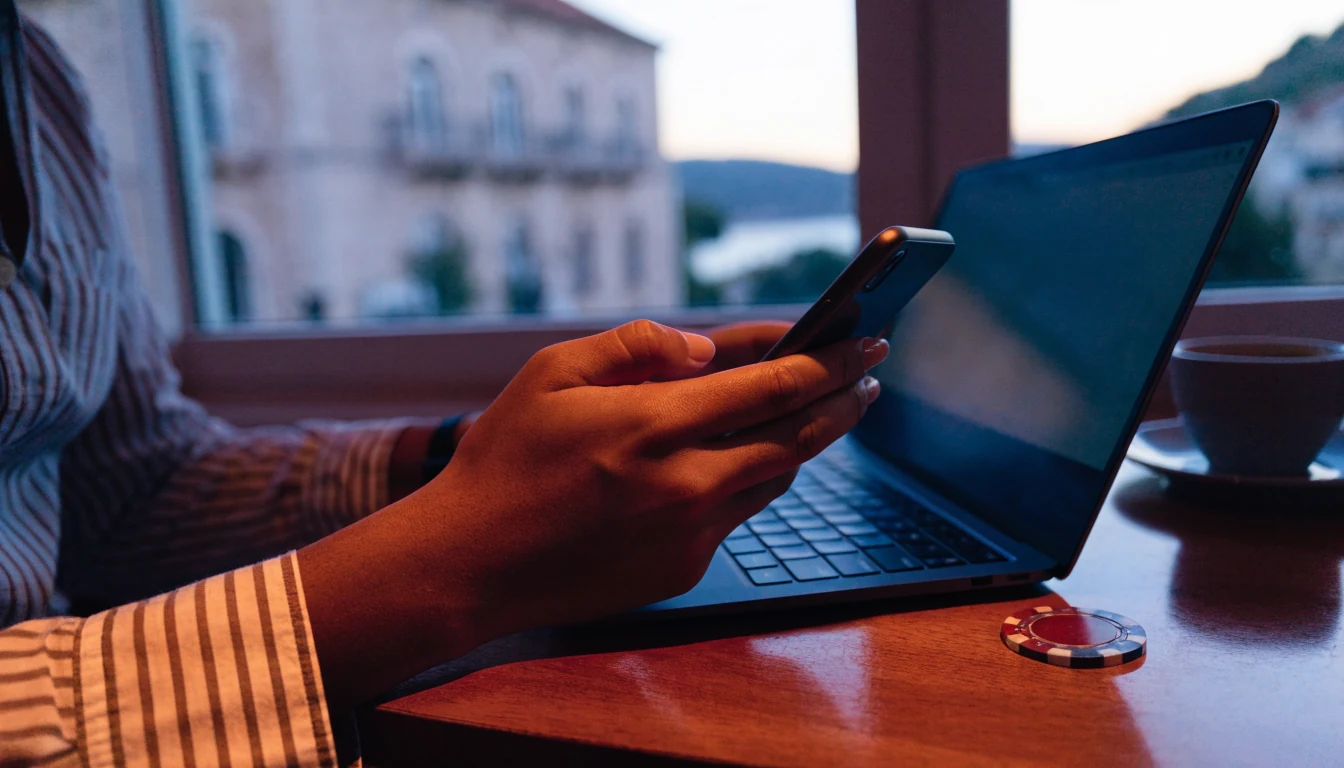 Ruke drže pametni telefon pokraj laptopa na stolu uz čip za kasino
