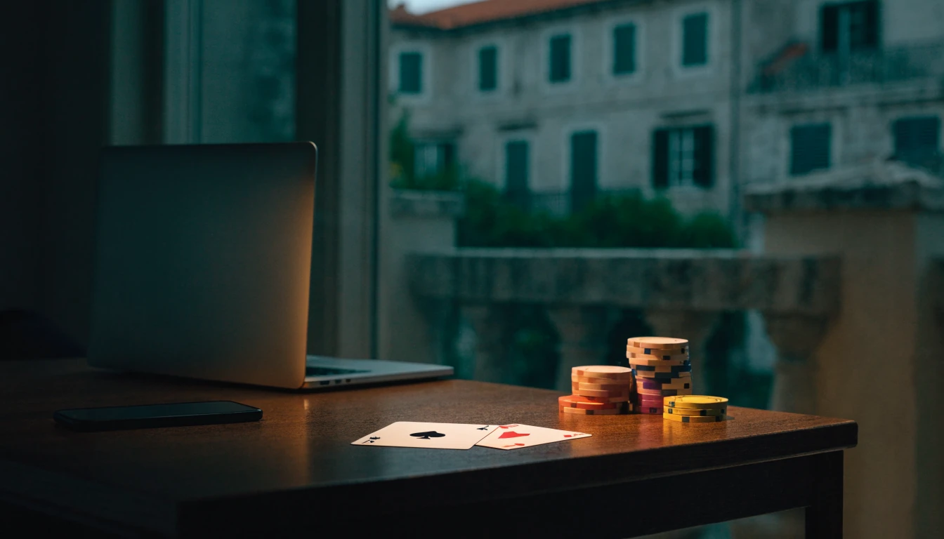 Stol s laptopom, čipovima i kartama za online kockanje