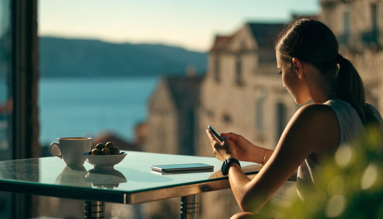 Hrvatska žena u kafiću s telefonom na stolu uz more