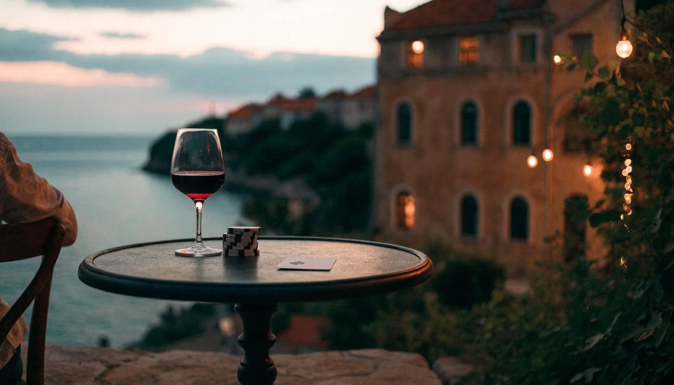 Hrvatski obalni gradić u sumrak sa žetonima za poker na stolu