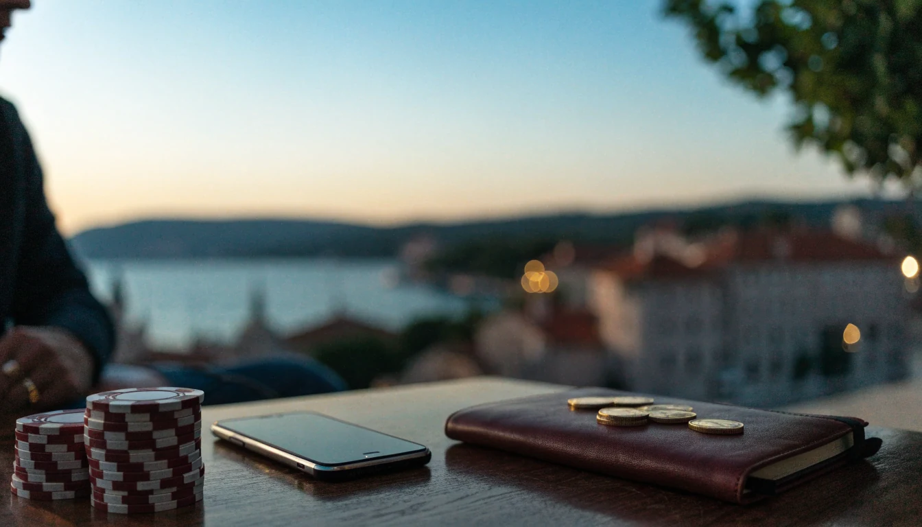 Hrvaški obalni pogled s kripto kovanci i žetonu kazina na stolu