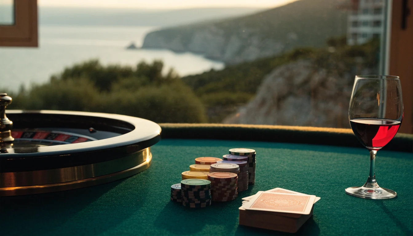 Elegantan casino stol s ulošcima i ruletom uz pogled na hrvatsku obalu